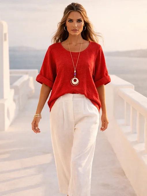 Μπλούζα φαρδιά λινή κόκκινη με κολιέ