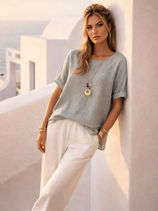 Μπλούζα φαρδιά λινή γκρι με κολιέ