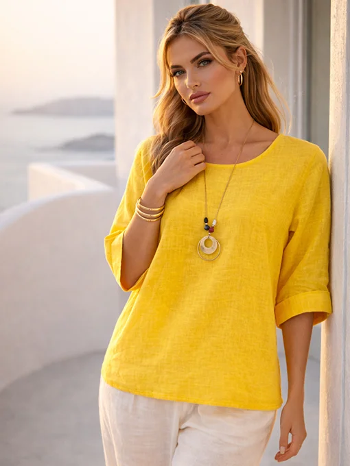 Μπλούζα φαρδιά λινή κίτρινη με κολιέ