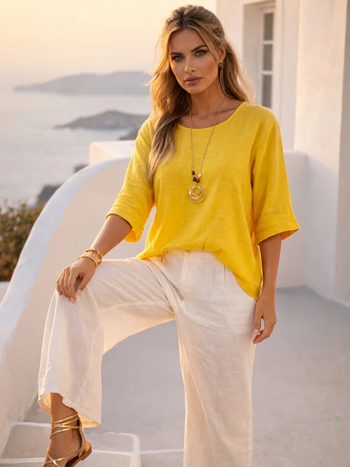 Μπλούζα φαρδιά λινή κίτρινη με κολιέ