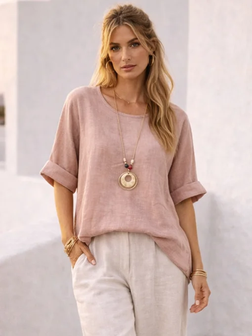 Μπλούζα φαρδιά λινή ροζ με κολιέ
