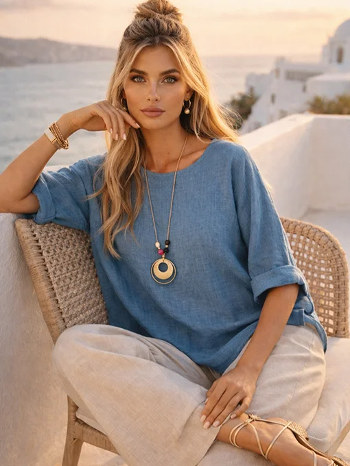 Μπλούζα φαρδιά λινή μπλε με κολιέ