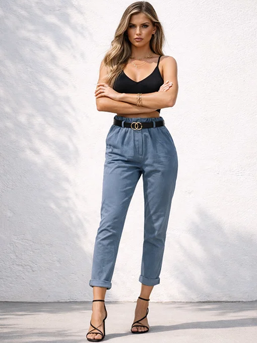 Παντελόνι ψηλόμεσο μπλε ίντικο με ζώνη