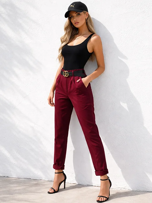 Παντελόνι ψηλόμεσο μπορντό με ζώνη