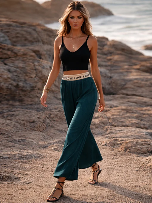 Ζιπ κιλότ πλισέ σατέν με λάστιχο πετρόλ