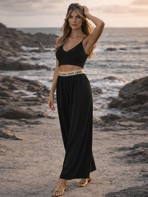 Ζιπ κιλότ πλισέ σατέν με λάστιχο μαύρο