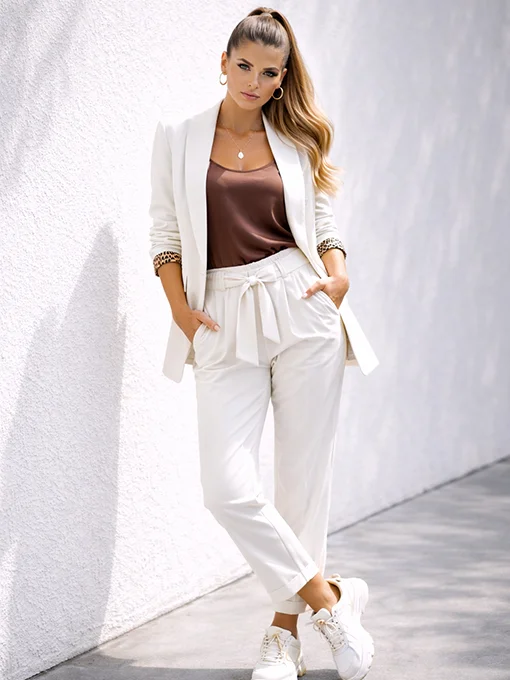 Σετ κοστούμι λευκό σακάκι και ψηλόμεσο παντελόνι