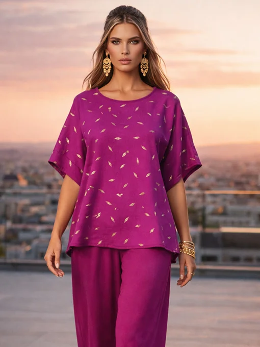Μπλούζα νυχτερίδα ματζέντα φαρδιά με χρυσές λεπτομέρειες