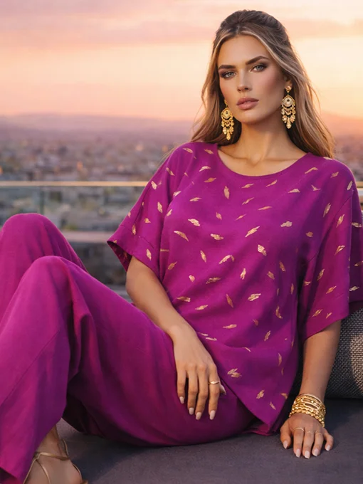 Μπλούζα νυχτερίδα ματζέντα φαρδιά με χρυσές λεπτομέρειες