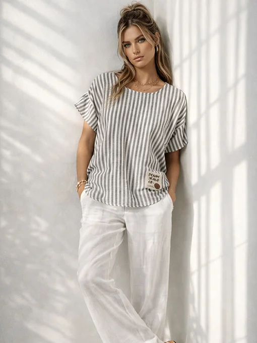 Μπλούζα ριγέ γκρι φαρδιά νυχτερίδα