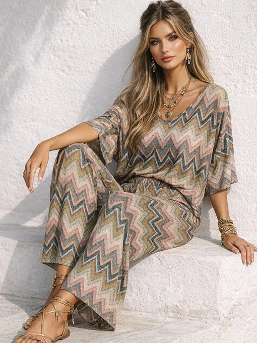 Σετ boho λαδί με πολύχρωμο γεωμετρικό τύπωμα