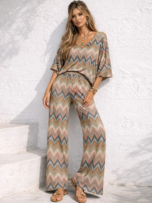 Σετ boho λαδί με πολύχρωμο γεωμετρικό τύπωμα