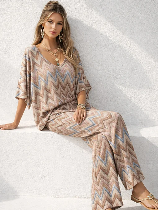 Σετ boho μπεζ με πολύχρωμο γεωμετρικό τύπωμα