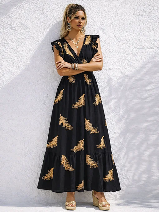 Maxi φόρεμα boho μαύρο με κεντήματα