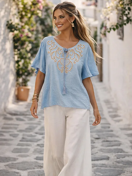 Μπλούζα boho γαλάζια κεντητή με κορδόνια