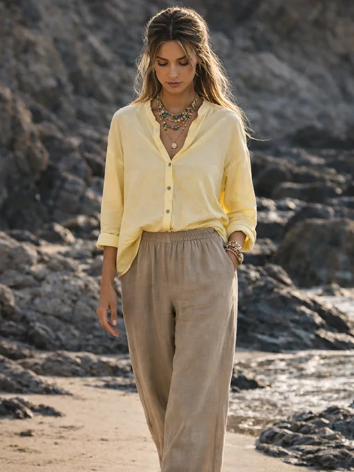 Βαμβακερό πουκάμισο κίτρινο με χαλαρή εφαρμογή