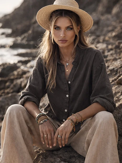 Βαμβακερό πουκάμισο καφέ με χαλαρή εφαρμογή