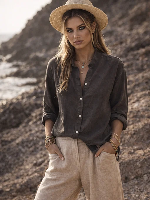 Βαμβακερό πουκάμισο καφέ με χαλαρή εφαρμογή