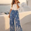 Βαμβακερή παντελόνα μπλε ίντικο με print λεπτομέρειες