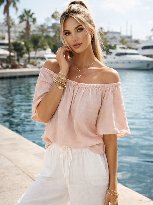 Αέρινη μπλούζα ροζ έξωμη με λάστιχο