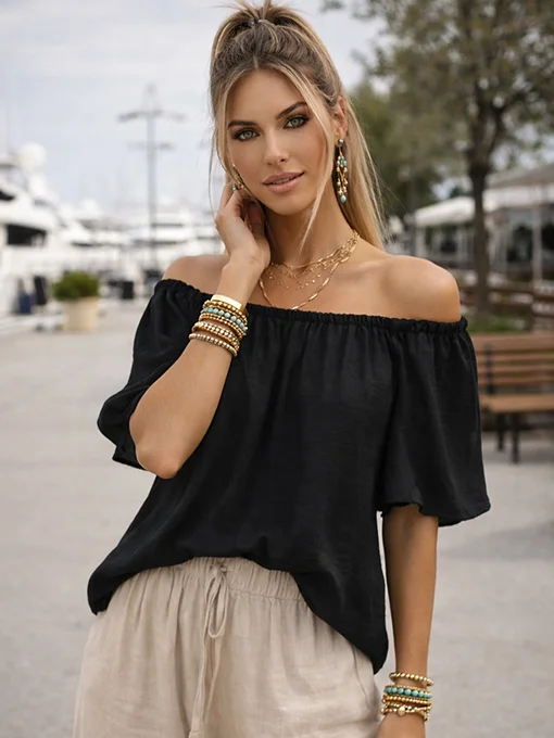 Αέρινη μπλούζα μαύρη έξωμη με λάστιχο