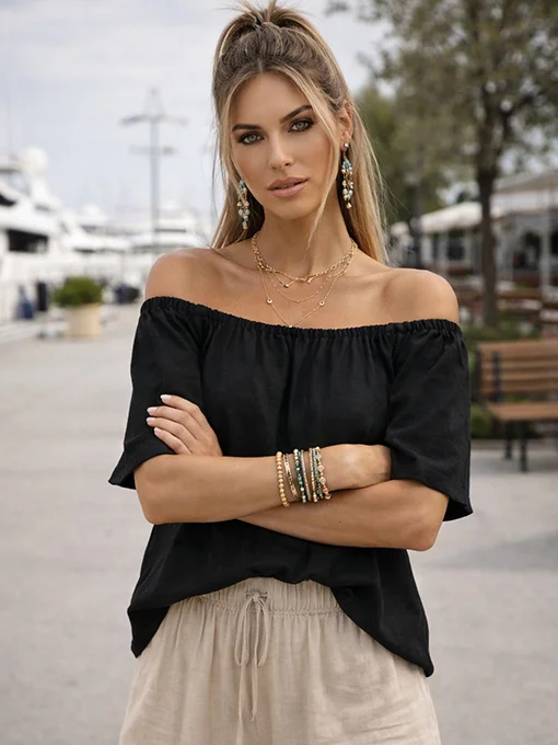 Αέρινη μπλούζα μαύρη έξωμη με λάστιχο