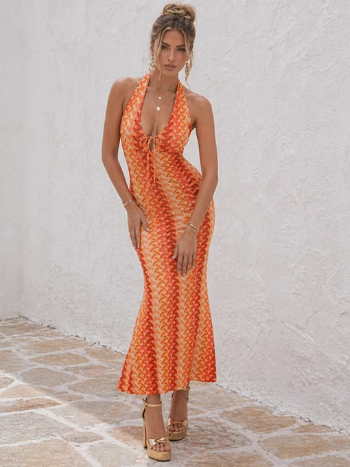 Φόρεμα boho πορτοκαλί με πολύχρωμο γεωμετρικό τύπωμα