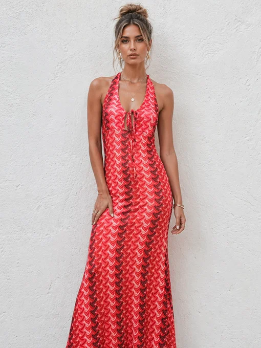 Φόρεμα boho κόκκινο με πολύχρωμο γεωμετρικό τύπωμα