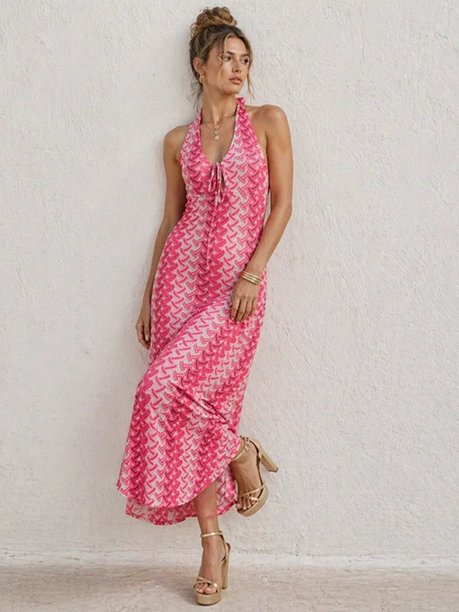 Φόρεμα boho φούξια με πολύχρωμο γεωμετρικό τύπωμα