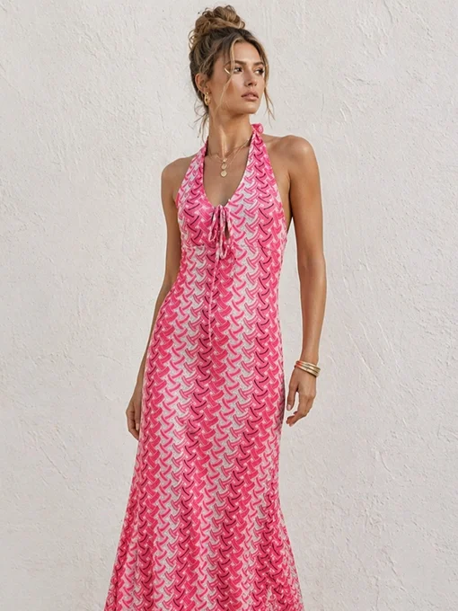Φόρεμα boho φούξια με πολύχρωμο γεωμετρικό τύπωμα