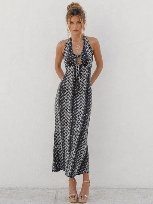 Φόρεμα boho μαύρο με πολύχρωμο γεωμετρικό τύπωμα
