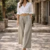 Γκοφρέ καρό παντελόνα λαδί με ψάθινη ζώνη