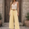 Γκοφρέ καρό παντελόνα κίτρινη με ψάθινη ζώνη