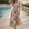 Floral maxi φόρεμα λαδί με ζωνάκι