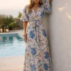 Floral maxi φόρεμα μπλε με ζωνάκι