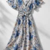 Floral maxi φόρεμα μπλε με ζωνάκι