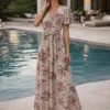 Floral maxi φόρεμα ροζ με ζωνάκι