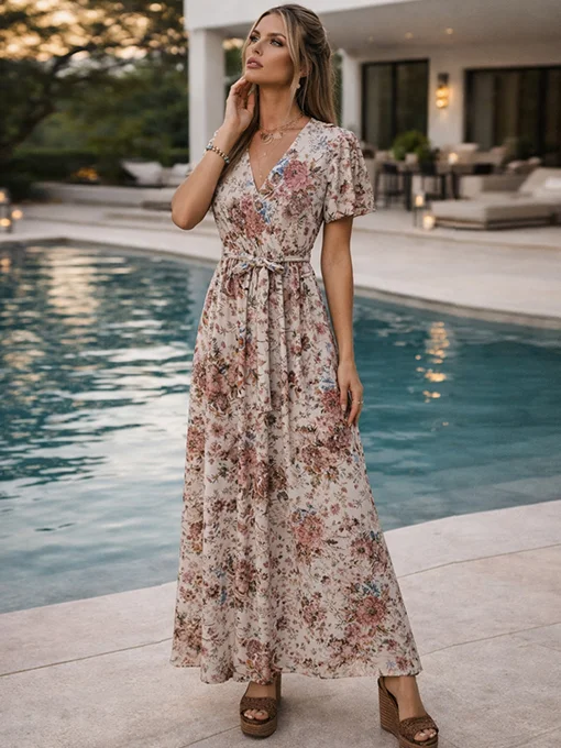 Floral maxi φόρεμα ροζ με ζωνάκι