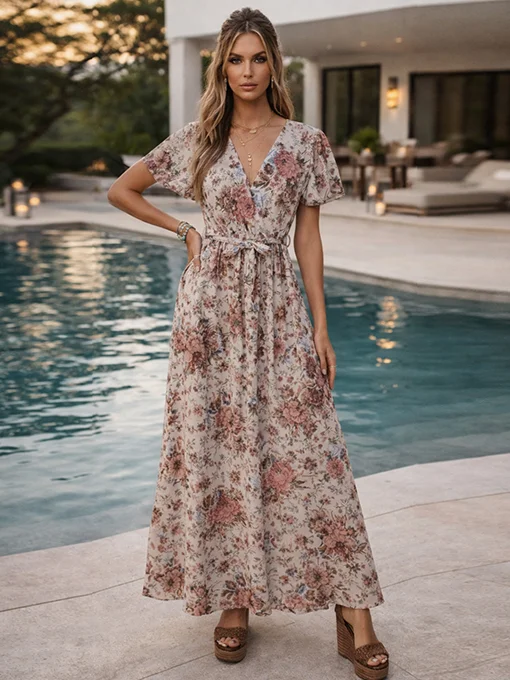 Floral maxi φόρεμα ροζ με ζωνάκι