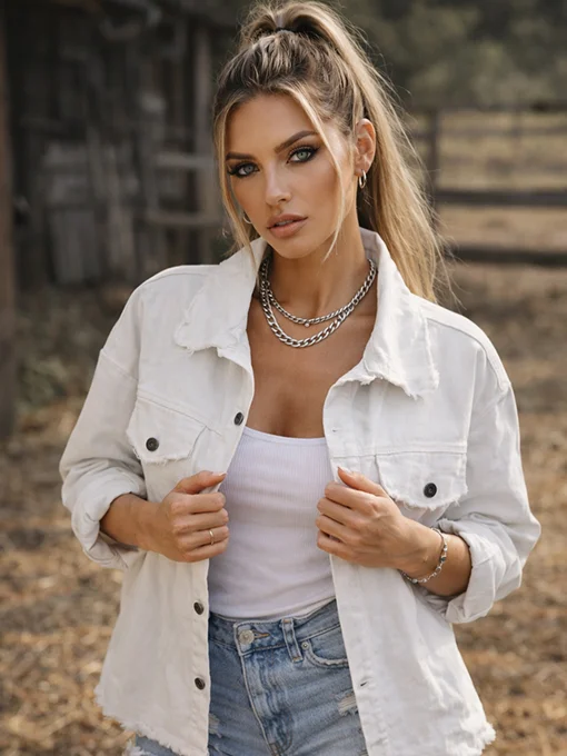 Jacket denim λευκό με ξέφτια και τσέπες