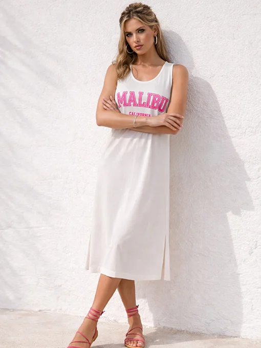 Φόρεμα malibu λευκό με στάμπα και σκισίματα