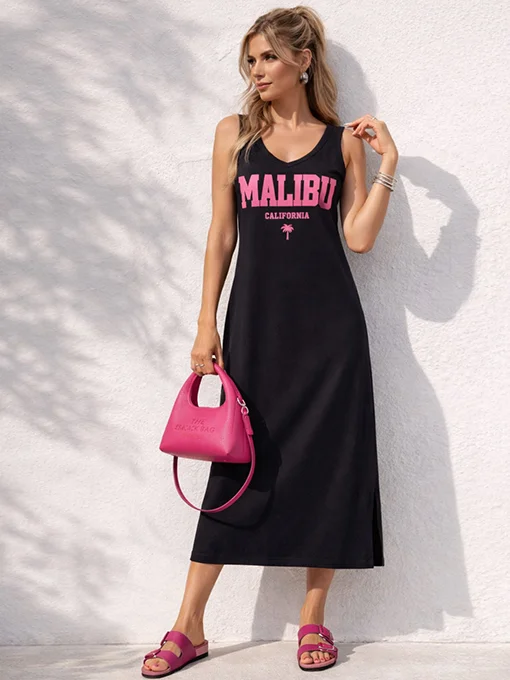 Φόρεμα malibu μαύρο με στάμπα και σκισίματα