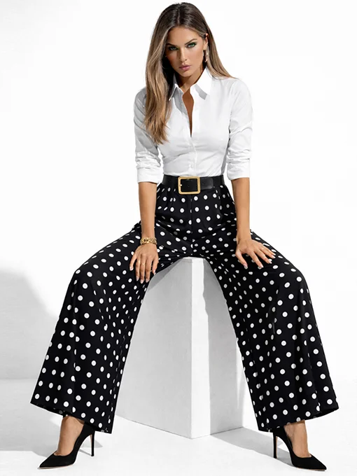 Παντελόνα μαύρη palazzo πουά με ζώνη