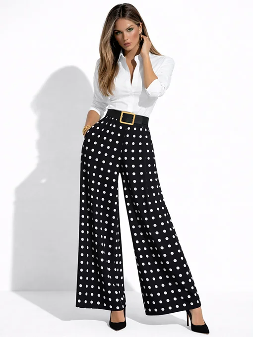 Παντελόνα μαύρη palazzo πουά με ζώνη