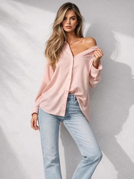 Oversize ημιδιάφανο ροζ πουκάμισο με πατιλέτα