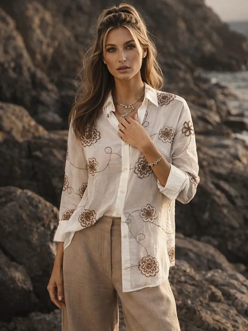 Πουκάμισο μπεζ c-trough με κεντημένες λεπτομέρειες