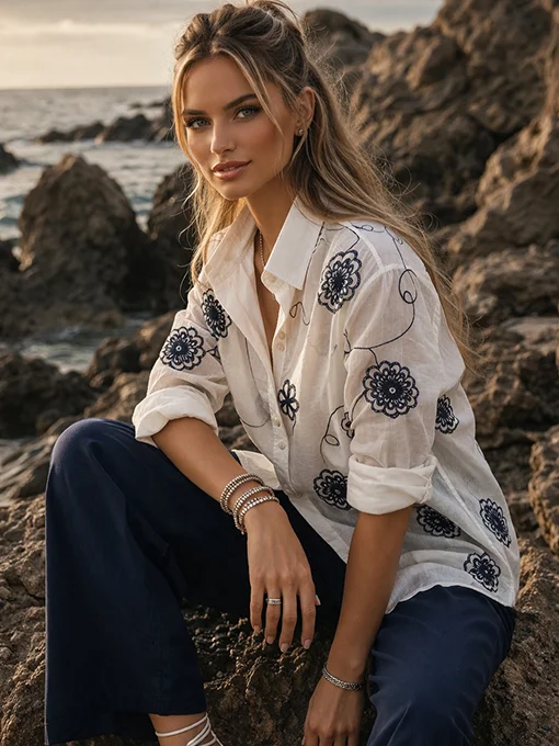 Πουκάμισο μπλε c-trough με κεντημένες λεπτομέρειες