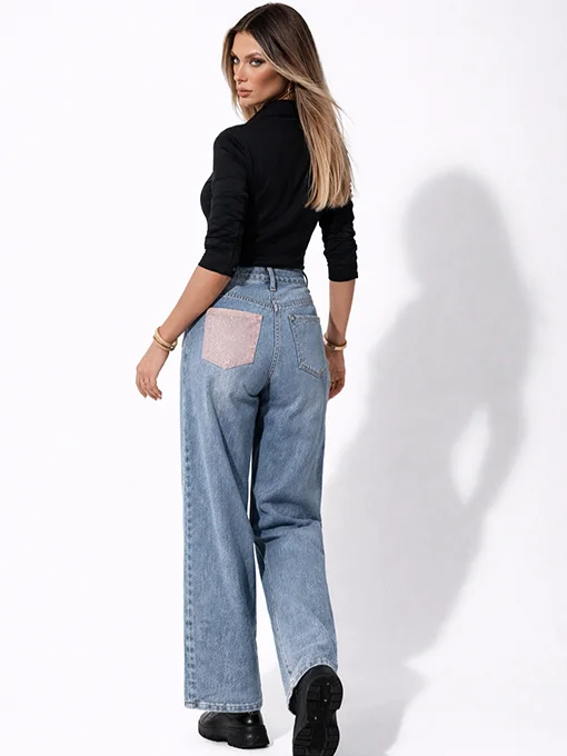 Τζιν παντελόνι wide leg με strass τσέπη
