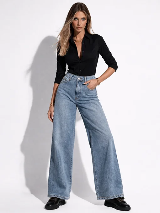 Τζιν παντελόνι wide leg με strass τσέπη