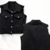 Γιλέκο denim μαύρο με ξέφτια και τσέπες